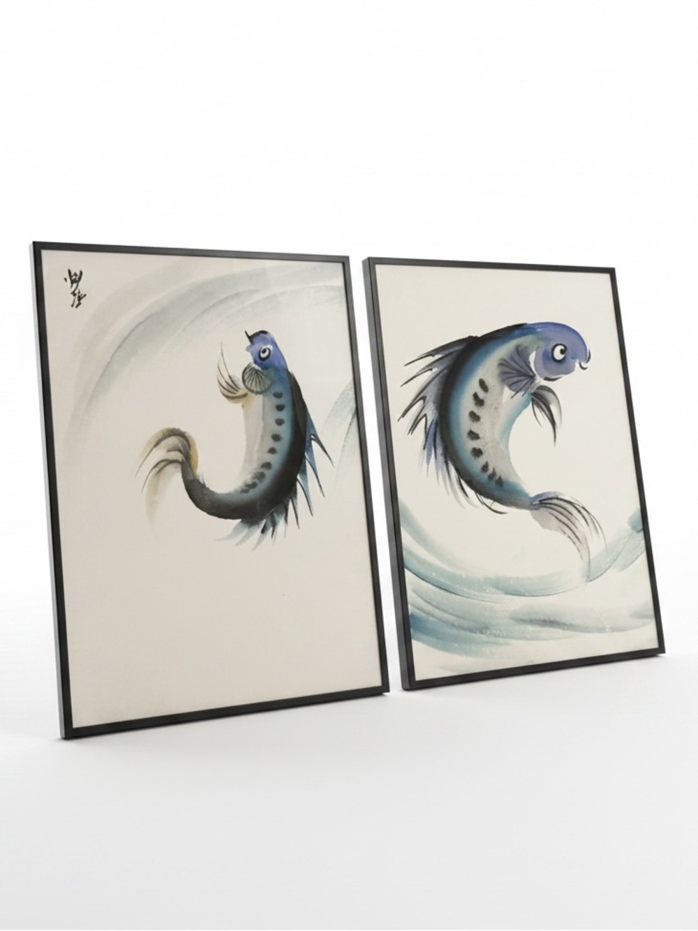 Blue Koi Fish Wall Art Set Watercolor Decorative Artwork Painting Pair Unique